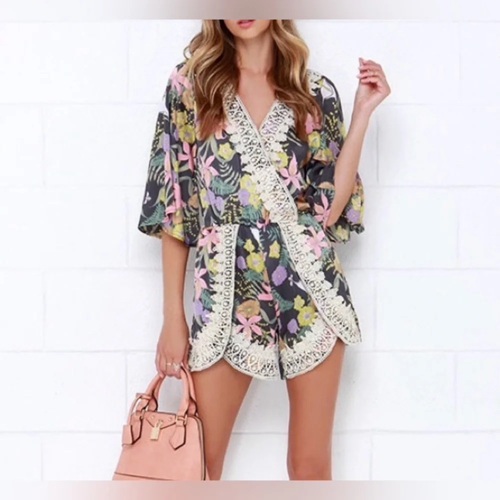 🆕I.Madeline Floral Lace-Trim Wrap Romper in Charcoal with Pastel Blooms M🆕